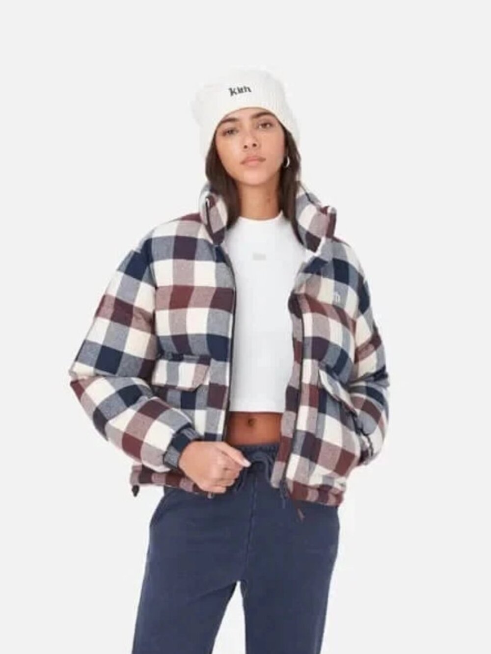 Kith Vicky Plaid Puffer Gingham Check Maroon Navy Cream Soft Cotton Women Small